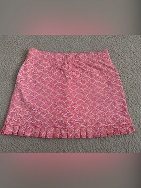 J. McLaughlin Coral Pink Mini Skirt with White Scallop Print and Ruffle Hem